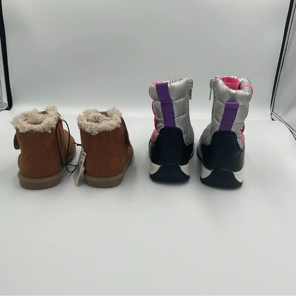 Lot x2 Wonder Nation Puffy Silver Winter Snow Boots Falls Creek Brown Fur Sz 5/6